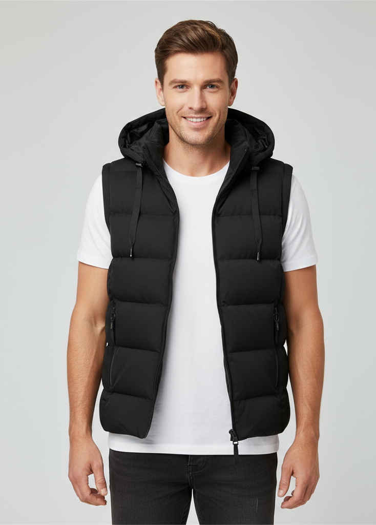 Gesteppte ärmellose Herrenweste mit Kapuze