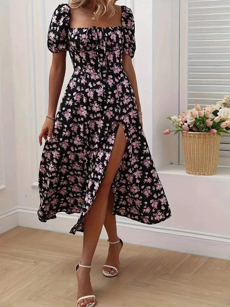 Variant image for A-Linien Blumen-Sommerkleid mit Puffärmeln für Damen - Leichtes Festliches Kleid für Hochzeitsgäste-11