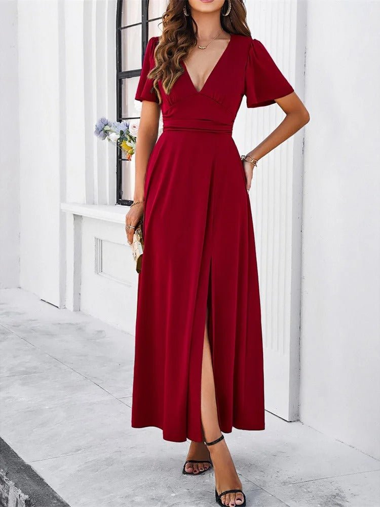 Slim-Weißen V-Ausschnitt Damenkleid mit Hohem Schlitz und Kurzen Ärmeln – Festliches Kleid für Sommerabende