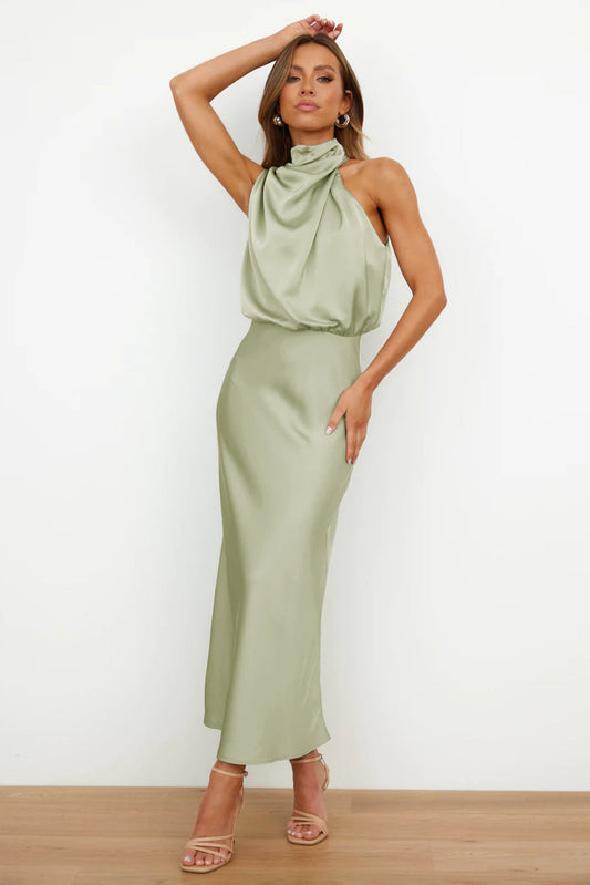 Langes Satin Halterneck Abendkleid Für Hochzeiten Und Elegante Anlässe