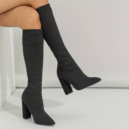 Women’s Stretch Fit Knee High Boots Elegant Pointed Toe with Block Heel