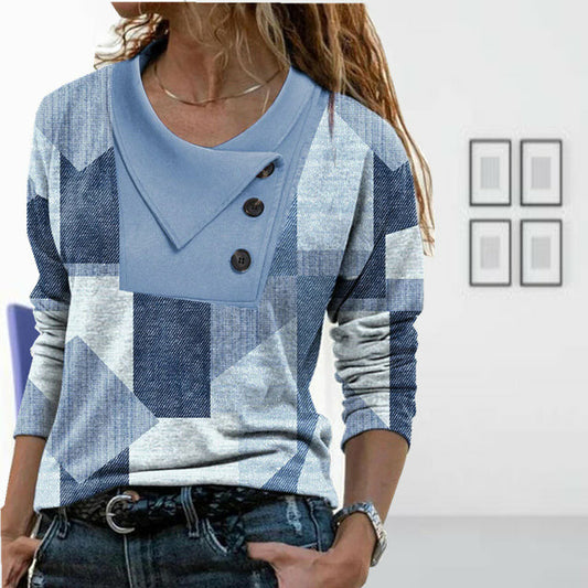 Geometrische Druck Damenbluse Aus Baumwoll-Polyester-Mischung Mit Vollhülsen Und Knopfkragen Für Frühling Und Herbst-1