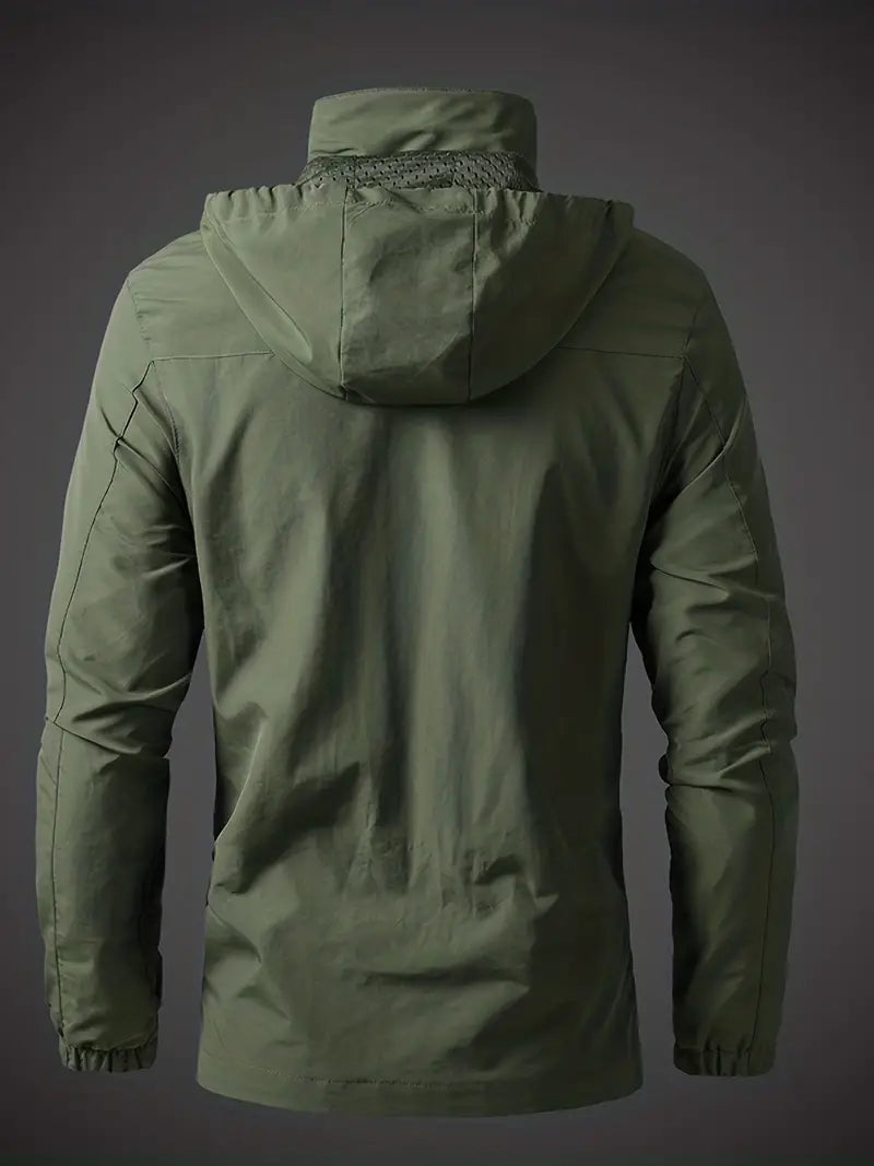 Men’s Water-Repellent Outdoor Hooded Rain Jacket with Zip Pockets