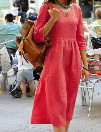 Damenkleid mit 3/4-Ärmeln, schmeichelhafte Passform, natürlicher Stoff, vielseitig in verschiedenen Farben erhältlich