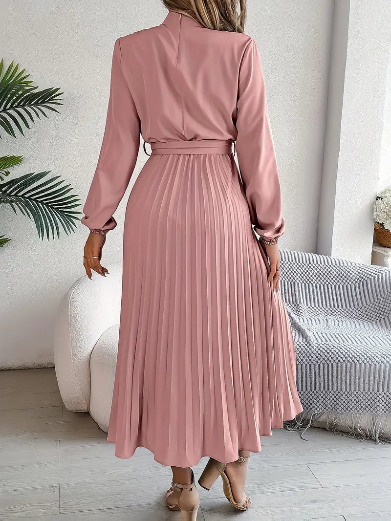 Women's Flattering Pleated Midi Dress with Belt