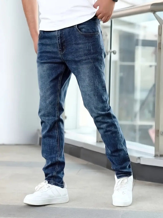 Herren Verblasste Jeans, Gerader Schnitt, Langlebige Baumwolle, Fünf-Pocket-Design-1