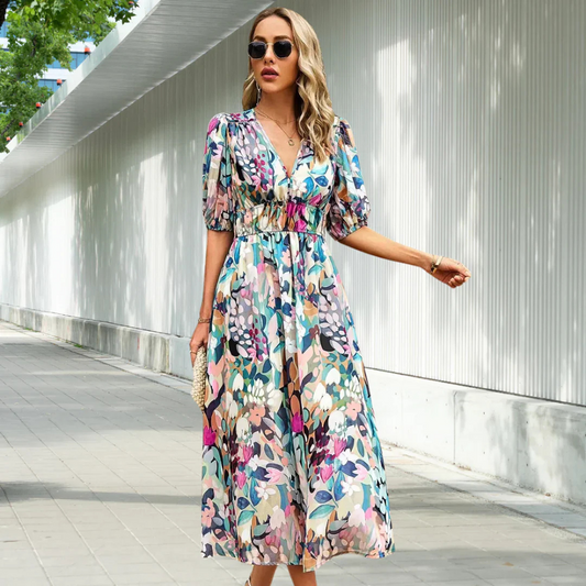 Blumen Sommerkleid Damen mit Puffärmel und V-Ausschnitt – Festliches Kleid für Hochzeitsgäste