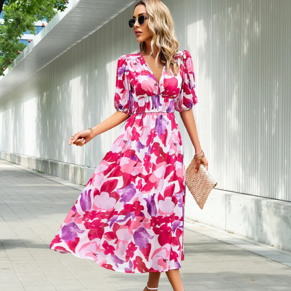 Variant image for Blumen Sommerkleid Damen mit Puffärmel und V-Ausschnitt – Festliches Kleid für Hochzeitsgäste-26