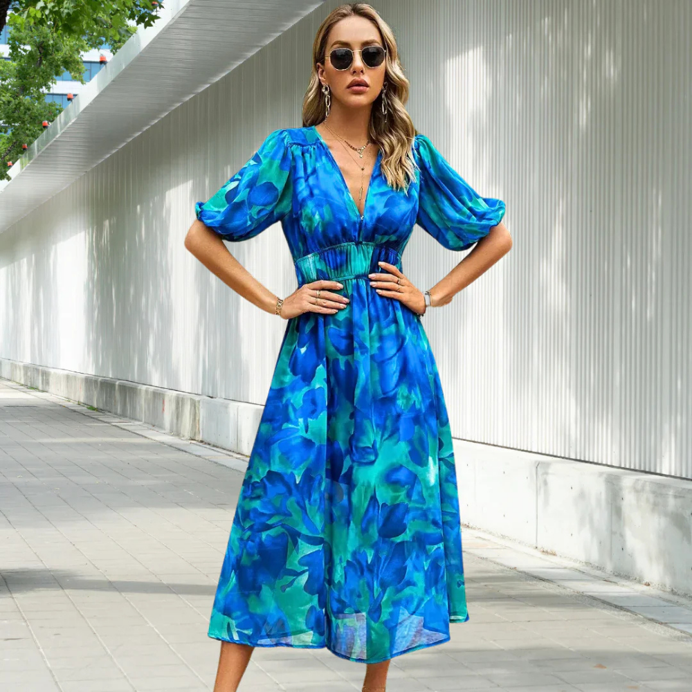 Variant image for Blumen Sommerkleid Damen mit Puffärmel und V-Ausschnitt – Festliches Kleid für Hochzeitsgäste-16