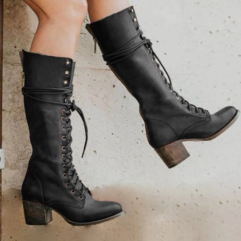 Women’s Lace-Up Knee High Boots Stylish Chunky Heel Design