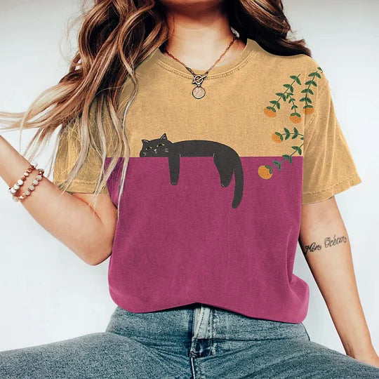 Vstylish Damen T-Shirt mit Zweifarbiger Katzengrafik aus Baumwolle für den Alltag – Lässige Oberteile Damen-3