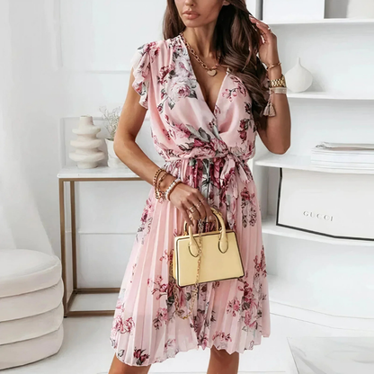 Elegantes Blumenwickelkleid für Damen – Leichtes Sommerkleid für Hochzeitsgäste, knielanges festliches Kleid