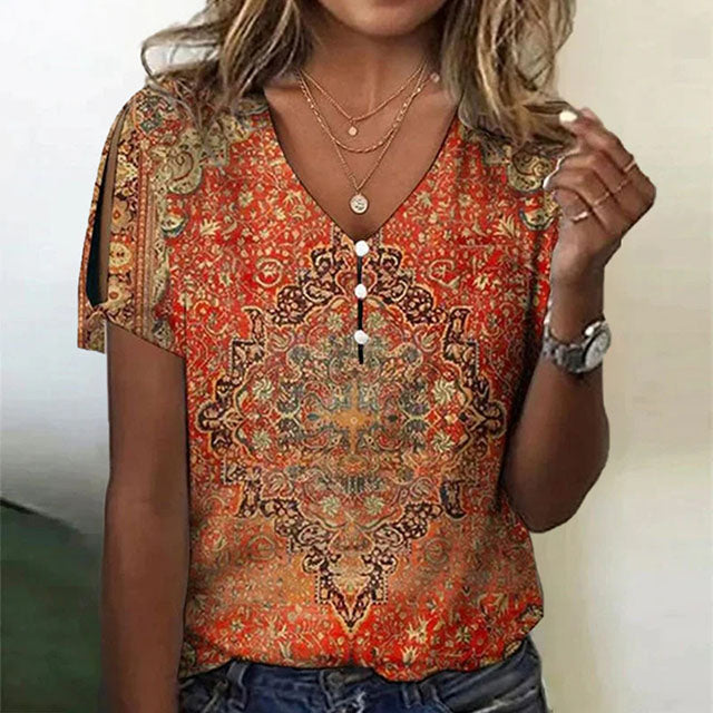 Vintage Ethnische Damenbluse Mit V-Ausschnitt Und Knopfdetail – Bequeme Bluse Für Frühling Und Sommer-1
