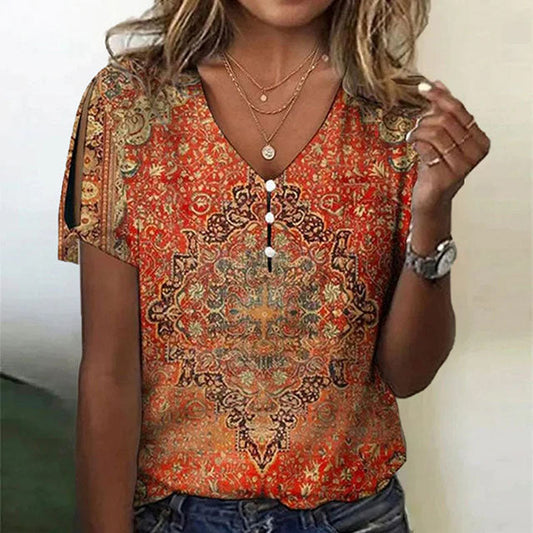 Vintage Ethnische Damenbluse Mit V-Ausschnitt Und Knopfdetail – Bequeme Bluse Für Frühling Und Sommer-1