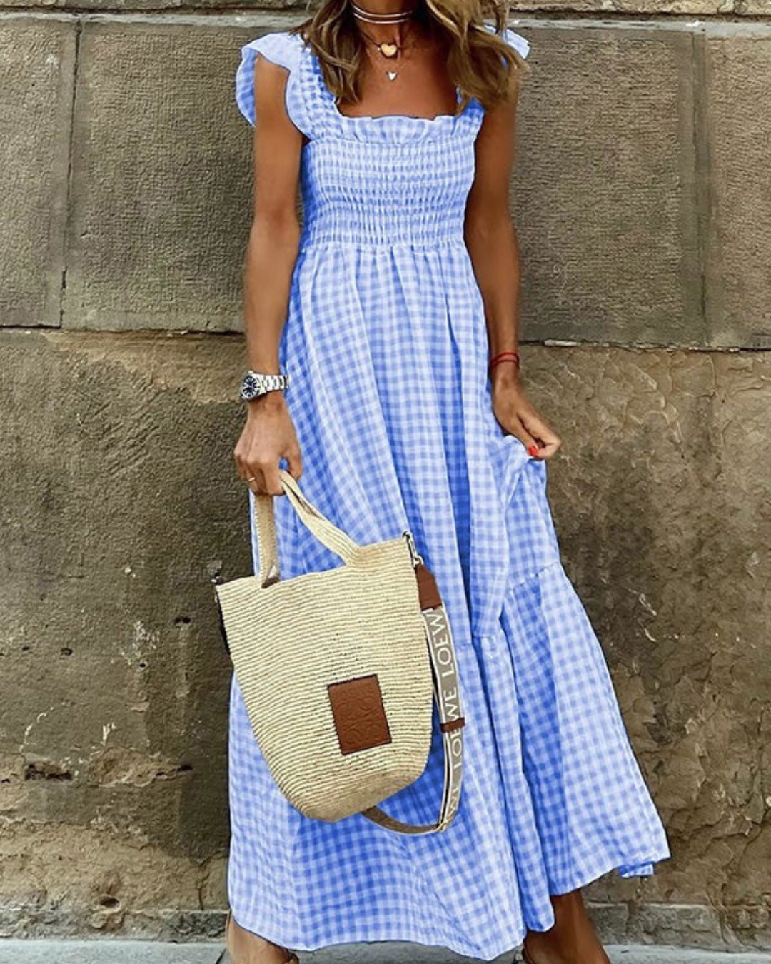 Maxikleid Sommer Damen mit Elastischem Oberteil und Retro-Caroma-Muster aus Atmungsaktiver Baumwolle, Ideal für Strand- und Stadtbesuche