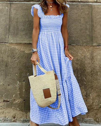 Maxikleid Sommer Damen mit Elastischem Oberteil und Retro-Caroma-Muster aus Atmungsaktiver Baumwolle, Ideal für Strand- und Stadtbesuche