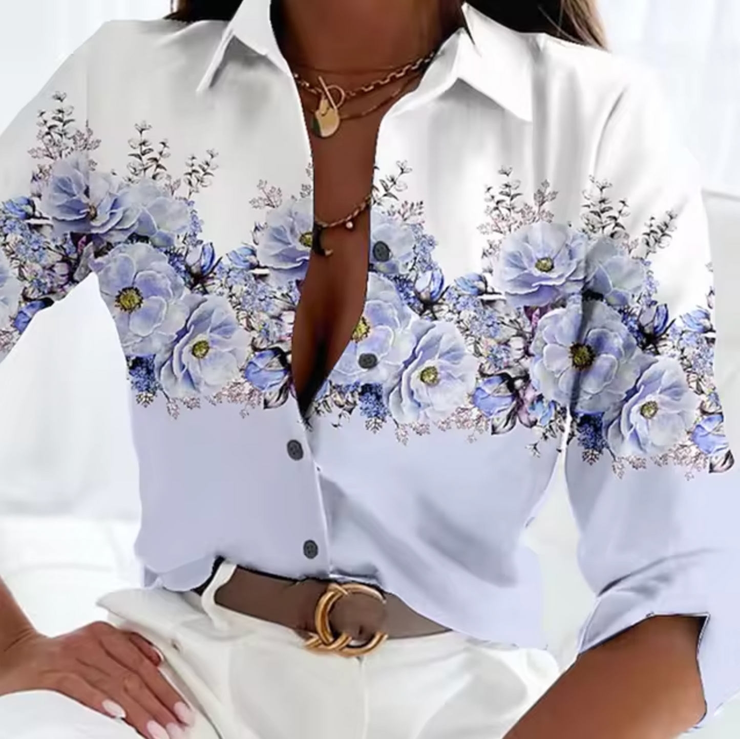 Blumenmusterbluse - Leichte Langarm Damenbluse für Sommerausflüge-4