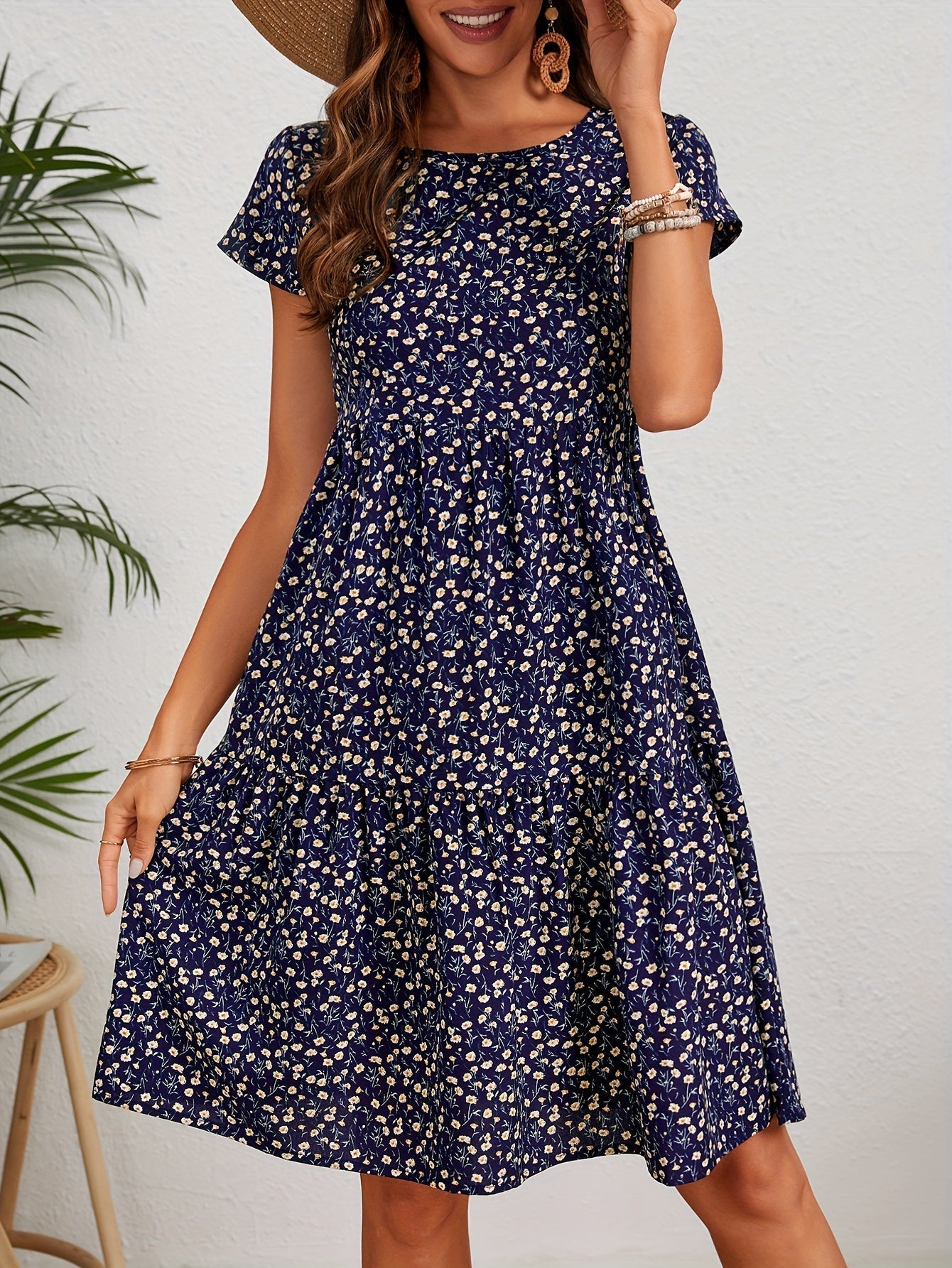 Vintage Blumenhochzeitsgast Kleid Mit Rundem Ausschnitt Und Kurzen Ärmeln - Festliche Kleider Für Damen