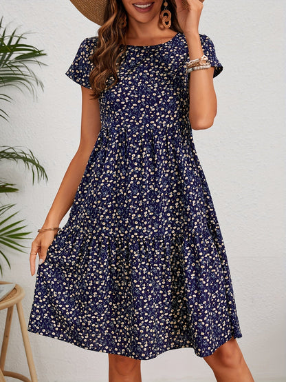 Vintage Blumenhochzeitsgast Kleid Mit Rundem Ausschnitt Und Kurzen Ärmeln - Festliche Kleider Für Damen