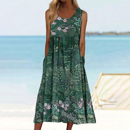Blumendruckkleid Damen Mit Rundem Hals Und Taschen – Lässiges Sommerkleid Für Frühling Und Sommer