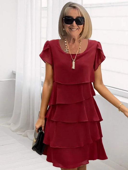 Lockeres Chiffon Midi Kleid Damen mit Asymmetrischem Saum, Geschichtet, Ideal für Sommer und Hochzeitsgast, Festliche Kleider