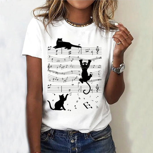 Kreatives Katzendruck T-Shirt aus Baumwoll-Polyester-Mischung für Damen – Ideal für Freizeit im Frühling und Sommer-1