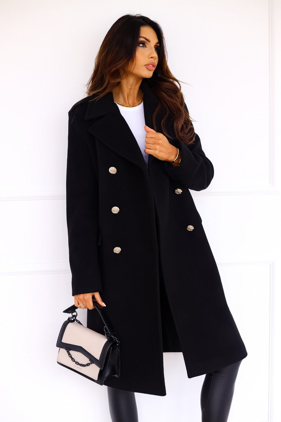 Women’s Classic Long Coat Gold Button Double-Breasted Style