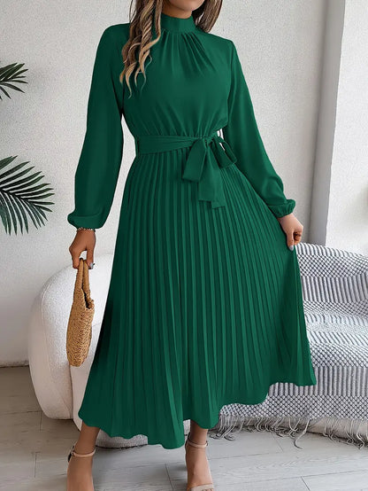 Women's Flattering Pleated Midi Dress with Belt