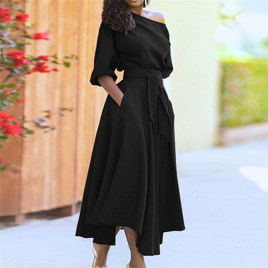 Elegantes Midi-Kleid Mit Ellbogenlangen Ärmeln Und Verstellbarem Bund Für Damen – Festliche Kleider Damen