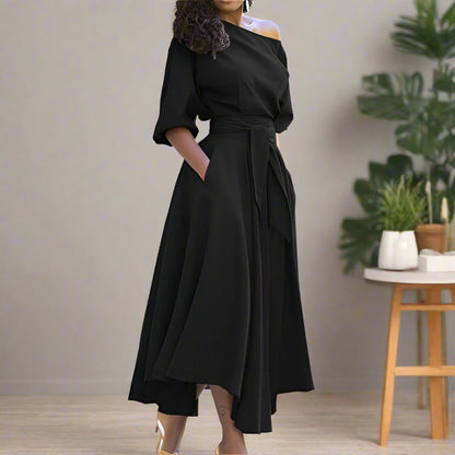 Elegantes Midi-Kleid Mit Ellbogenlangen Ärmeln Und Verstellbarem Bund Für Damen – Festliche Kleider Damen