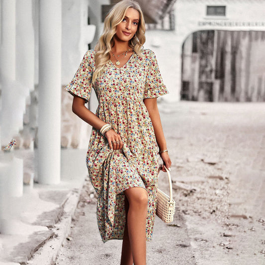 Elegantes Blumendruck Midi Kleid - Festliches Damenkleid für Hochzeitsgäste und gesellschaftliche Anlässe