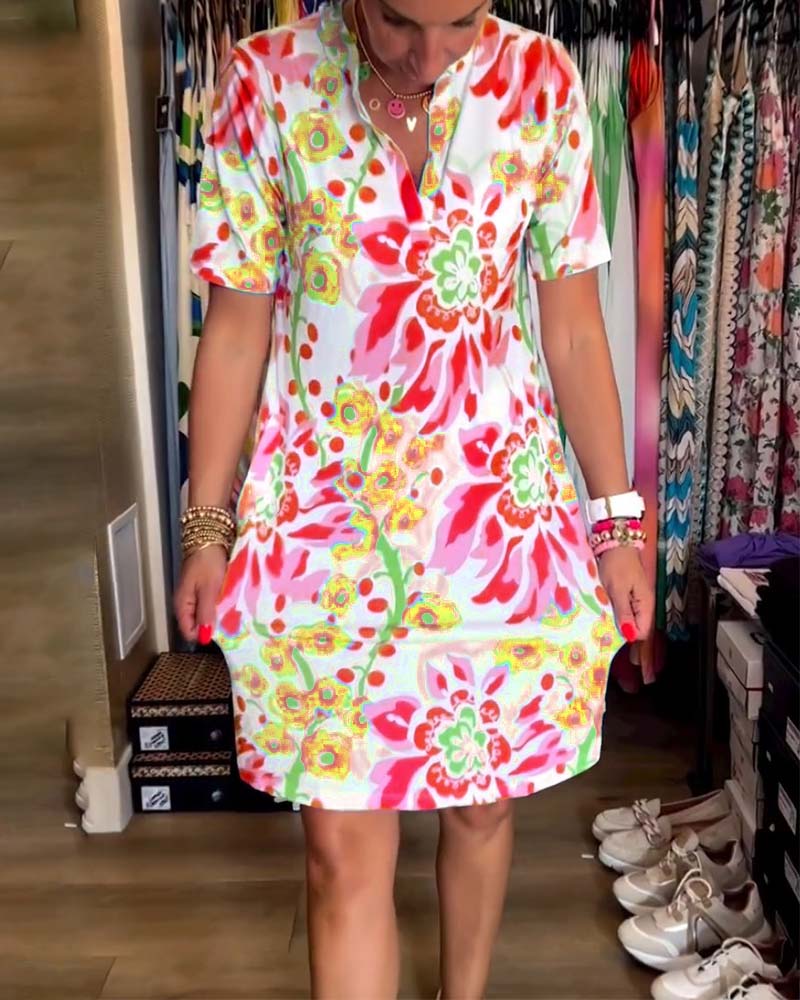 Variant image for Blumen MIDI-Kleid Damen, Kurzarm V-Ausschnitt Sommerkleid aus weicher Baumwollmischung, lässig und urlaubsbereit-7