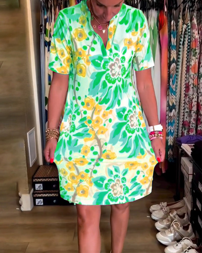 Variant image for Blumen MIDI-Kleid Damen, Kurzarm V-Ausschnitt Sommerkleid aus weicher Baumwollmischung, lässig und urlaubsbereit-19