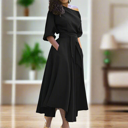 Elegantes Midi-Kleid Mit Ellbogenlangen Ärmeln Und Verstellbarem Bund Für Damen – Festliche Kleider Damen