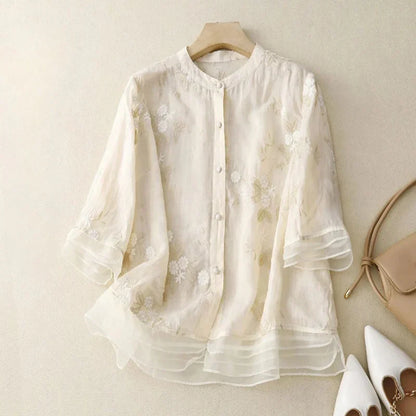 Elegantes Damenoberteil mit Stickerei, Atmungsaktive Baumwollmischbluse für Festliche Anlässe-1