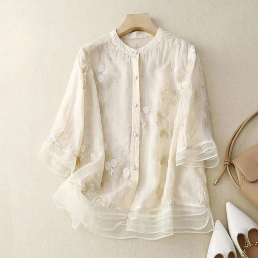 Elegantes Damenoberteil mit Stickerei, Atmungsaktive Baumwollmischbluse für Festliche Anlässe-1