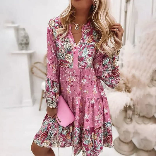 Elegantes Boho-Damenkleid, Locker Sitzend, Knielang, Ideal für Freizeit und Festliche Anlässe, Atmungsaktiver Stoff