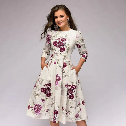Blumendruck Midi Kleid mit Weitem Rock für Sommer und Festliche Anlässe – Elegantes Kleid für Damen und Hochzeitsgäste