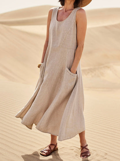 Damen Sommerkleid Mit Taschen, Lässiges Kniehohes Baumwollkleid Für Täglichen Komfort Und Stil