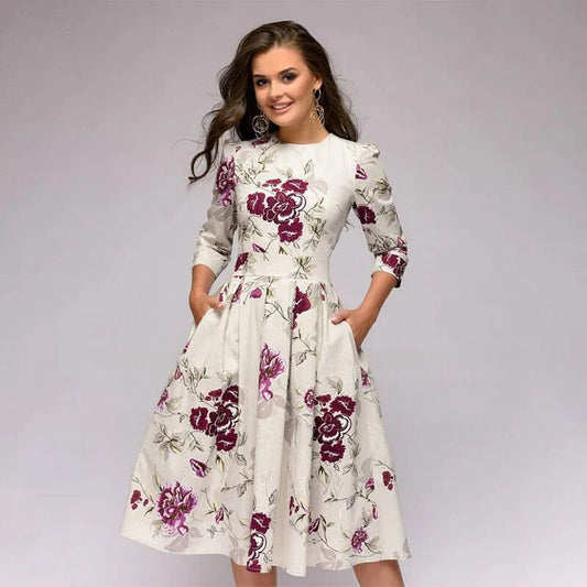 Blumendruck Midi Kleid mit Weitem Rock für Sommer und Festliche Anlässe – Elegantes Kleid für Damen und Hochzeitsgäste