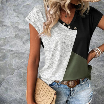 Lässiges V-Ausschnitt Damen T-Shirt Mit Kontrastfarbe, Kurzärmlig Aus Baumwollmischung - Oberteile Damen-3