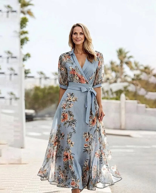 Elegantes Midi-Kleid mit Kurzen Ärmeln und V-Ausschnitt für Festliche Anlässe – Damenkleid für Jede Gelegenheit