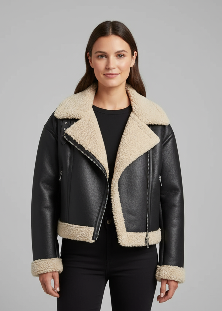 Damen Kurzjacke mit Teddykragen und Reißverschlussdetails