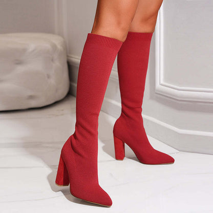 Women’s Stretch Fit Knee High Boots Elegant Pointed Toe with Block Heel
