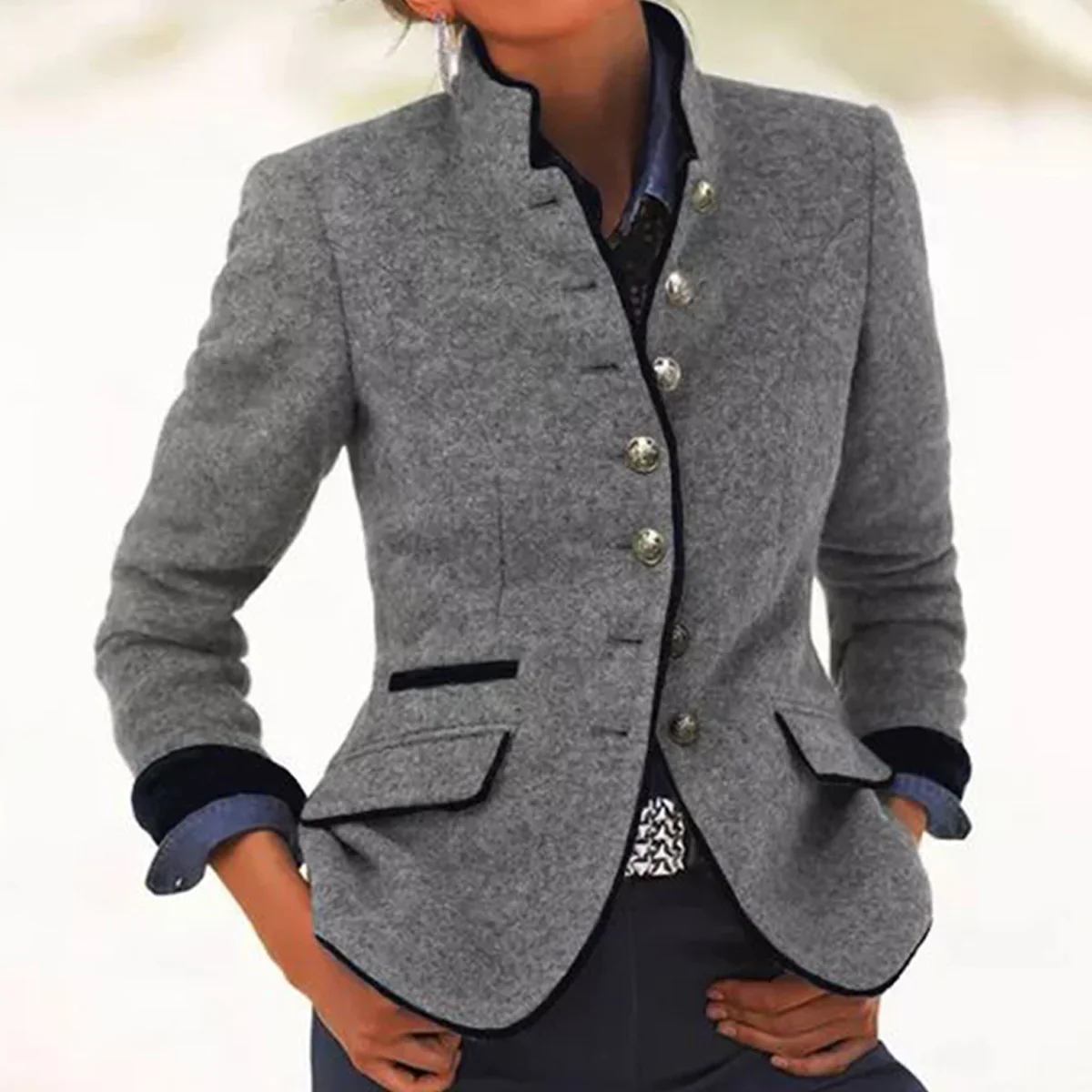 Women's Vintage Buttoned Winter Jacket with High Collar Detail