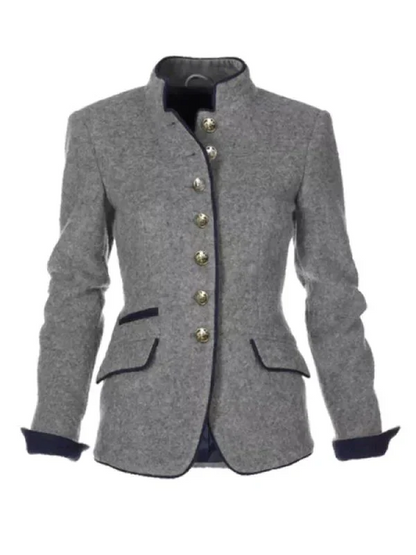 Women's Vintage Buttoned Winter Jacket with High Collar Detail