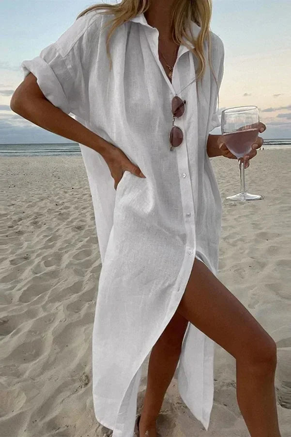 Weißes Leinen Sommerkleid Damen mit Faltkragen und entspannter Passform