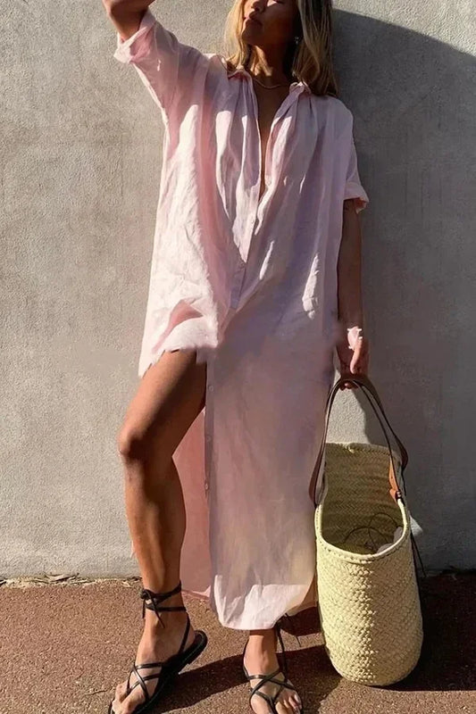 Weißes Leinen Sommerkleid Damen mit Faltkragen und entspannter Passform