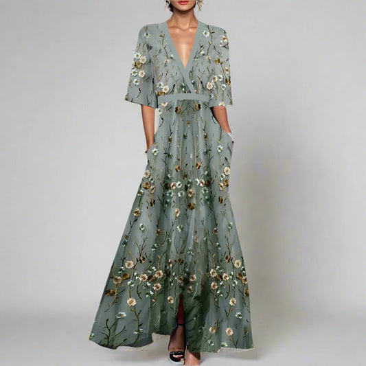 Elegantes Blumenkleid Damen mit Mittellangen Ärmeln für Hochzeit und Formelle Anlässe, Blumen Kleid in Grün