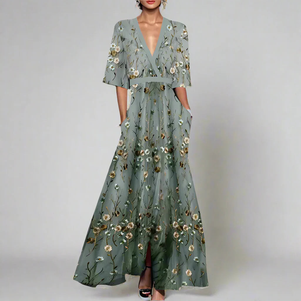 Elegantes Blumenkleid Damen mit Mittellangen Ärmeln für Hochzeit und Formelle Anlässe, Blumen Kleid in Grün